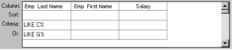 The sample shows the grid from the bottom of the Quick Select dialog box. At left are four labels for the rows of the grid. They are column, sort, criteria, or. Three column names display: Emp Last Name, Emp First Name, and Salary. For the Emp Last Name column, the criteria row shows the expression LIKE C %, and the Or row shows the expression  LIKE G %.  