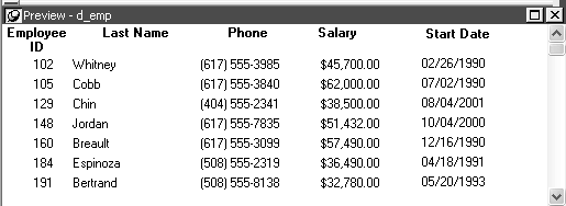 The sample shows five columns of data with display formats applied. Phone numbers have parentheses around the area code, for example, and salaries are displayed with dollar signs. In the start date column, the names of months have replaced numbers.