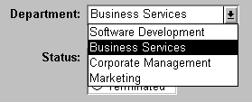 The sample shows a field labeled department with Business Services displayed and a down arrow to the right. The arrow has been clicked and a list box showing four possible departments has dropped open  beneath the Department field. 
