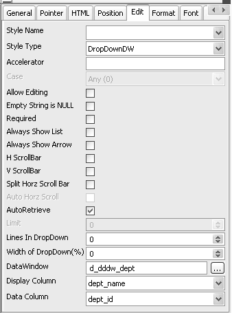 The sample shows the Edit Style dialog. At the top are fields for Name, shown here as Department List, and Style, shown as Drop Down D W. The remainder of the sample shows an Options area. It has a Data Window box showing d _ d d d w _ d e p t, a Display Column box showing d e p t _ name, and a Data Column box showing d e p t _ i d. A box for Lines in Drop Down shows no value. Width of Drop Down shows 300 %. Limit is 0, Case is Any, and Accelerator is undefined. A box for V Scroll Bar is checked. Many other options are left unchecked.