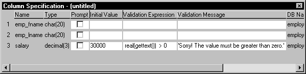 The sample displays the Column Specification view with three sample column names listed. The third row displays the column Name Salary of Type decimal ( 3 ). For Salary, the initial value displayed is 3000, the Validation Expression is real ( get text (  ) )greater than 0, and the Validation Message is " Sorry ! The value must be greater than zero. "