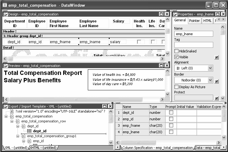 The sample shows a Data Window object in the Data Window painter with the default layout. The Design view at top left shows a grid of dots representing the DataWindow object and indicates the placement of its controls, including the sample’s title, Total Compensation Report Salary Plus Benefits. The Preview view at middle left shows the Data Window object as it will appear at execution time, without the grid. The Export Templte view at bottom left shows the default template for importing and exporting data. The Properties view at top right shows tabs labeled General, Pointer, and Pirnt Specification, and is open at the General tab. At bottom right, the Data view tab displays the data that can be used to populate the DataWindow object.