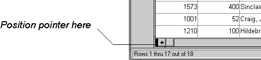 The sample shows the lower left quadrant of a Data Window object. At bottom is a horizontal scroll bar. Next to it is the text Position pointer here and a line pointing to a black space at the left end of the scroll bar.