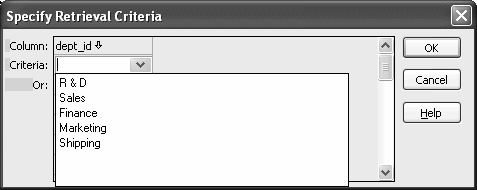 The sample shows the Specify Retrieval Criteria dialog box that a user sees just before a retrieval is done. The  column is dept _ i d and under it is the Criteria field showing the value 100 with an arrow to the right for the drop down list. 