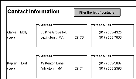The sample screen shows two group boxes. The sample is titled Contact Information. For each name shown at left in a list of contacts, an Address group box to the right groups address information and a Phone / Fax group box at far right groups telephone numbers. At the top of the sample screen is a button labeled: Filter the list of contacts.