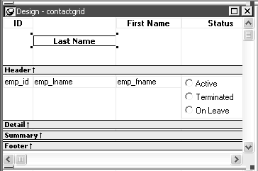 The sample shows a Data Window named contract grid. The Design view, Preview view, and Font tab with the Escapement property are displayed. In the Design view, the Header has been expanded and the Last Name control has been moved down to the center of the enlarged band.  