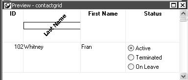 The sample shows a Data Window named contract grid. The Design view, Preview view, and Font tab with the Escapement property are displayed. In the Preview view,  the Last Name control has been rotated to the left and the text is at a 45 degree angle.  