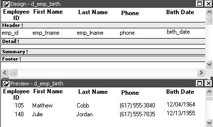 The sample shows a Design view for d _ emp _ birth with a detail band that contains the columns emp _ i d, emp _ f name, emp _ l name, phone, and birth _ date.