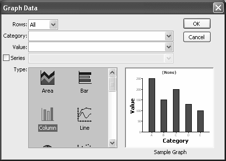 The sample shows the Graph Data dialog box. From the Rows drop down list box, the value All has been selected. Next are Category and Value boxes that are blank. At bottom left is a box that displays the types of graphs available. At bottom right is an area for displaying a sample of the selected type.