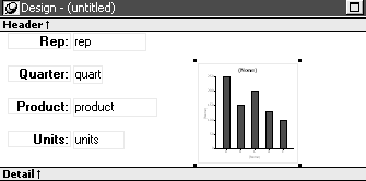 The sample shows the Design view. Displayed on top of the Detail, Summary, and Footer bands is a picture of the graph defined in the Graph Data dialog box.