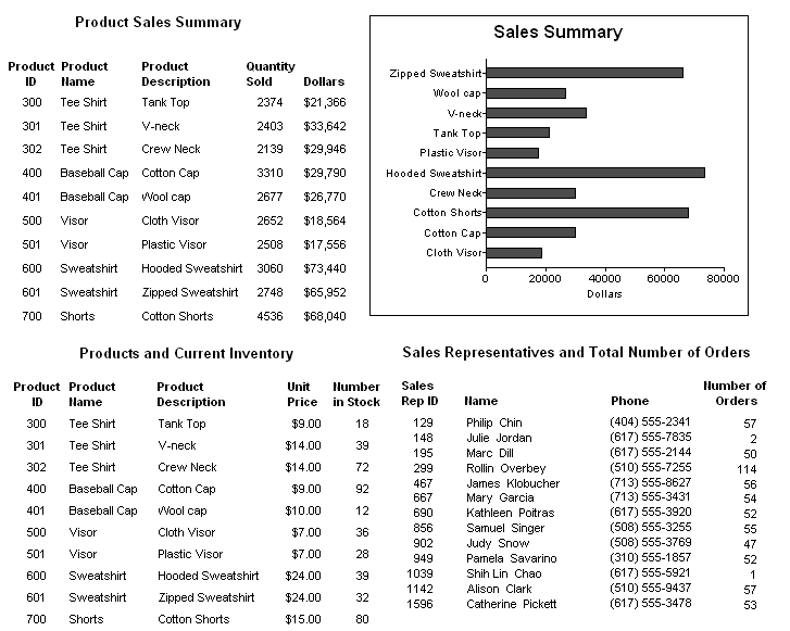 The preview view displays a Product Sales Summary at top left with five columns of data and a bar graph at top right that plots dollar amounts from the Product Sales Summary on the x axis and product names on the y axis. Below is a Product and Current Inventory report of five columns on the left and a report labeled Sales Representatives and Total Number of Orders with four columns of data on the right.