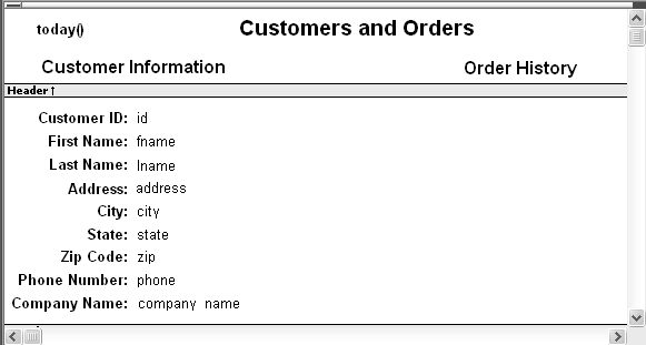 The Design View sample shows a header band for the Customers and Orders report that includes the text Customer Information on the left as the title of the base report and a box around the words Order History on the right. In the Detail band, labels and columns display on the left for all the data that belongs to the base report. The area on the right is blank.
