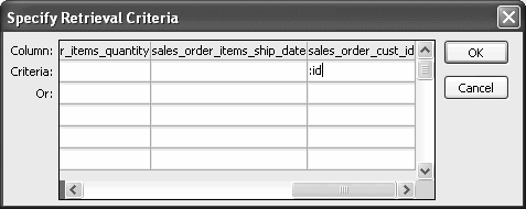 The sample shows the Specify Retrieval Criteria box. It is a grid with rows labled Column, Criters, and Or. The text : i d is displayed in the row labeled Criteria under the Column name sales _ order _ cust _ id.