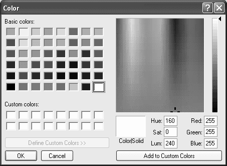 The sample shows the Color dialog box. At upper left is a grid of small boxes labeled Basic colors with sample colors arranged in eight columns and six rows. Below them is a grid of boxes for displaying Custom colors, eight columns by two rows. Under it is a button labeled Define Custom Colors. At right is a large rectangle displaying the currently selected color. To its right is a slider for adjusting the color’s characteristics. Below the design area is a box at left labeled Color | Solid, then three boxes for setting Hue, Saturation, and Luminescence, then three boxes for Red, Green, and Blue values. At bottom is a button labeled Add to Custom Colors.