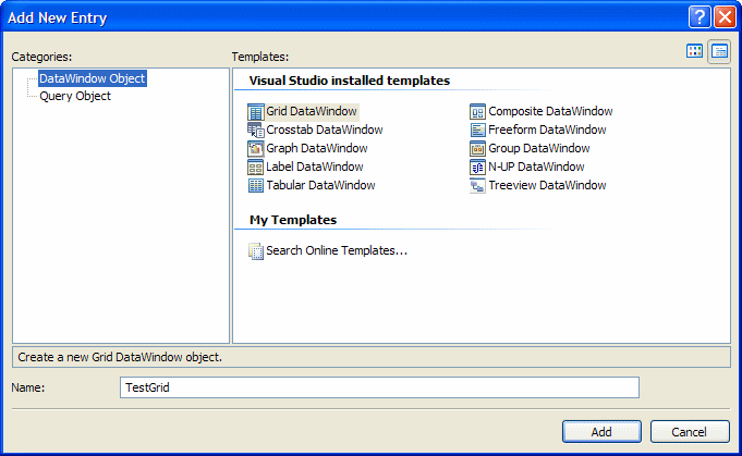 DataWindow Object is one of two choices in the left pane, ten DataWindow styles are available in the irght pane