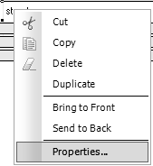 The pop up menu lists the items Cut, Copy, Delete, Duplicate, Bring to Front, Send to Back, and Properties.