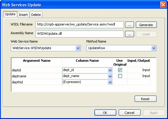 Picture shows Update tab of the Web Services Update dialog box. Fields are displayed for a WSDL filename (optional), an assembly name,  a Web service name and a Web service method. You can bind method arguments to DataWindow columns or expressions.