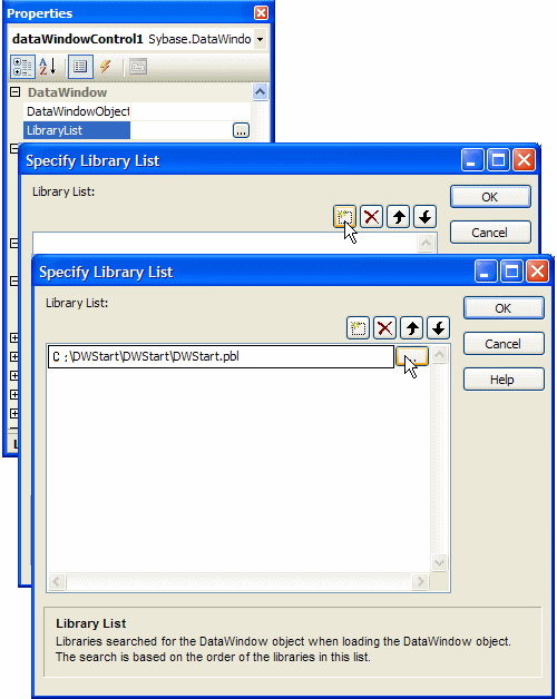 The image shows the library list property in the properties window, with the specify library list and select library dialog boxes.