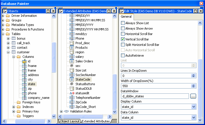 The image shows the Objects, Edit Styles, and Properties views in the database painter with the Edit Style dialog box for the drop down datawindow.