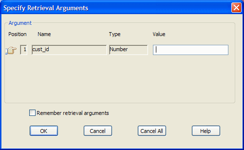 This Specify Retrieval Arguments dialog box has a Value field into which you must type a number.