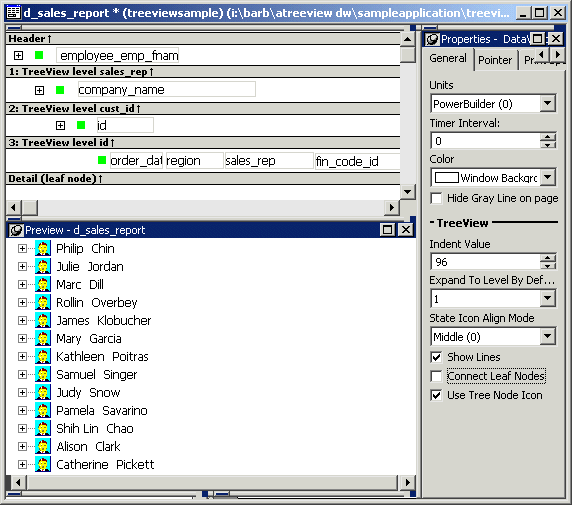 The design, preview, and properties view for the sample display in the datawindow painter.