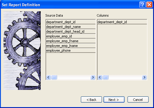 The sample shows the Set Report Definition dialog box. At left is a Source Data box that lists columns you can use for grouping. On the right is the Columns box with one column that will be used for grouping, employee _ dept _ i d.