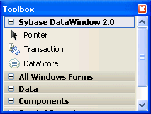 The image shows the transaction and datastore items on the Sybase Datawindow 2.0 tab of the visual studio toolbox when view component designer is selected from the menu.