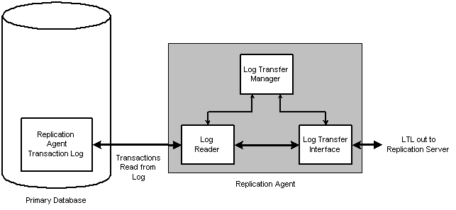 Figure 5-3 illustrates Sybase Replication Agent data flow from the primary database to Replication Agent with processing by the three components within Replication Agent, which are Log Reader, Log Transfer Manager, and Log Transfer Interface. After processing by Replication Agent, L T L output is generated and sent to Replication Server.