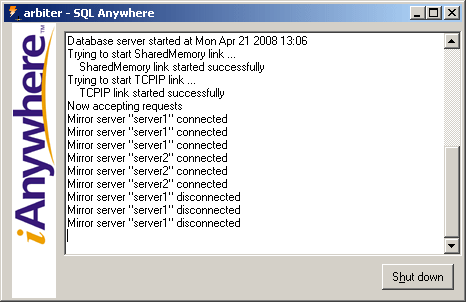 The arbiter database server messages window showing that server1 is disconnected.