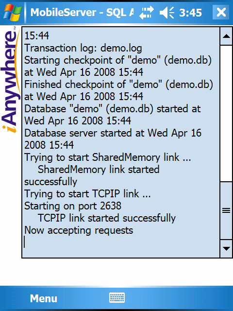 The database server messages window on Windows Mobile