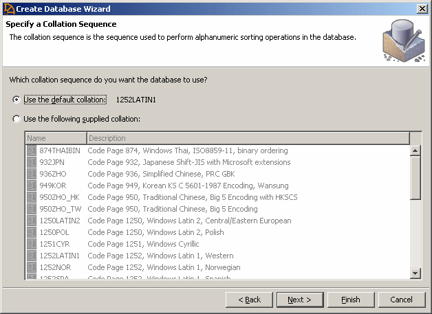 Create Database Wizard, showing the page where you choose the collation sequence for a new database.