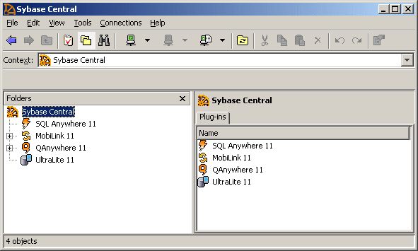 The Sybase Central main window.