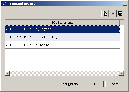 The Interactive SQL Command History window.