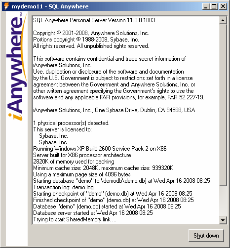 The SQL Anywhere database server messages window.