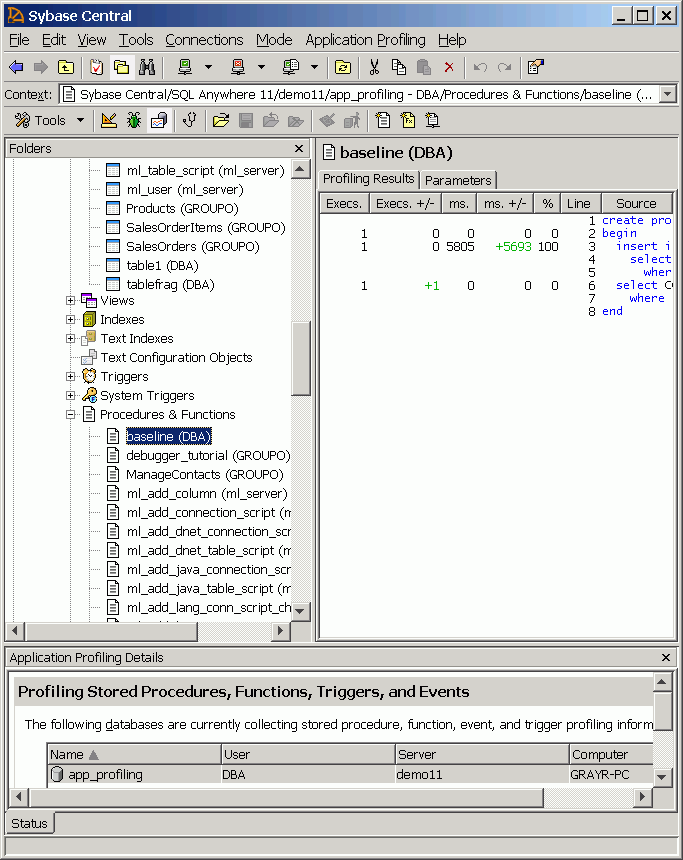 For each line in the procedure, the profiling results show the number of executions, the number of executions relative to the baseline procedure, the duration of execution, the duration of execution relative to the baseline procedure, and the percentage of total time the line took to execute.