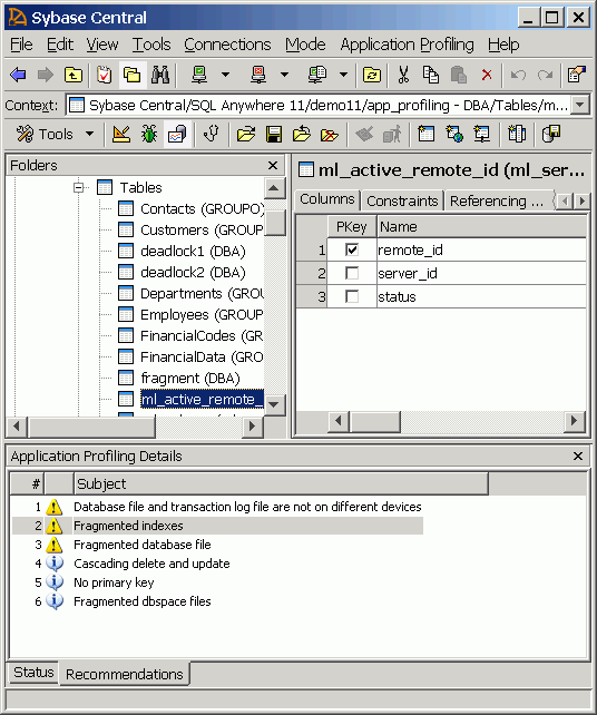 Fragmented Indexes appears as one of the recommendations.