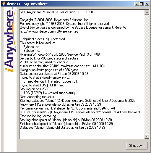 The SQL Anywhere database server messages window.