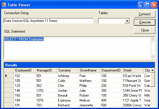 Screen shot of table viewer with the Employees table of the sample database selected