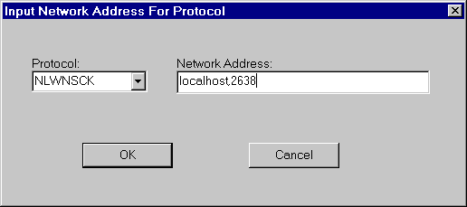 The Input Network Address For Protocol window showing the network address for the NLWNSCK protocol.