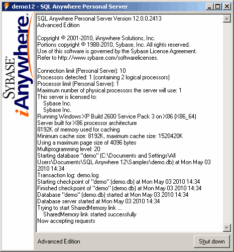 The SQL Anywhere database server messages window.