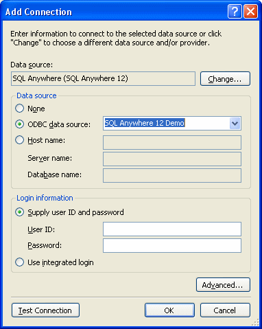 The Add Connection window with ODBC Data Source name chosen.