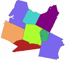 Image of a group of Massachusetts zip code regions. The shape of each zip code regions is consistent its actual shape on Earth.