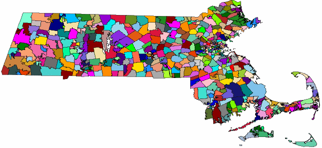 Image showing Massachusetts broken into colorful polygons, with each polygon representing a zip code region.