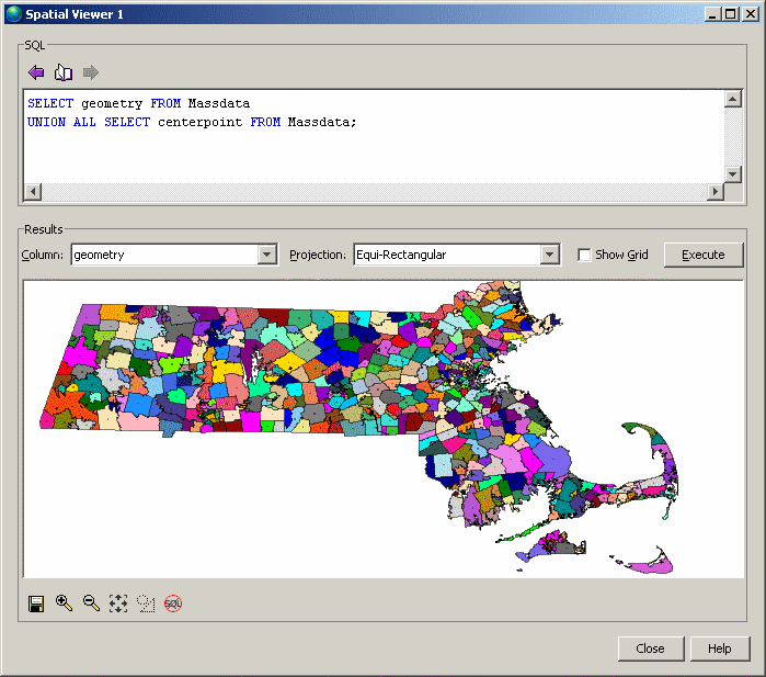 The state of Massachusetts displayed as colored polygons, each representing a zip code region. A dot in each polygon marks its center point.