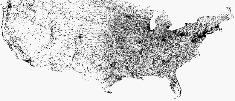 Map of continental United States showing distribution of cities and towns.