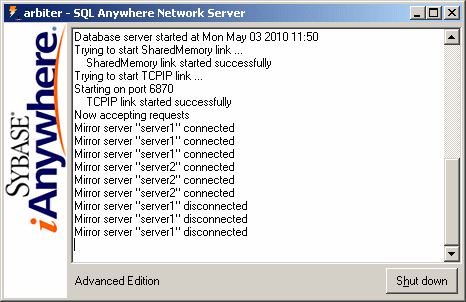 The arbiter database server messages window showing that server1 is disconnected.