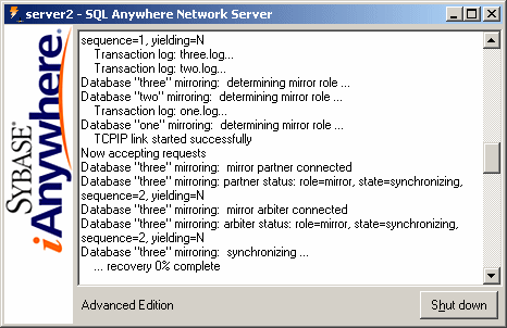 server2 database server messages window.