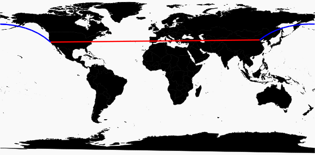 Comparison of lines made using round earth versus planar models. The lines made with round earth appear curved like the earth, while the planar line resembles more a straight line.