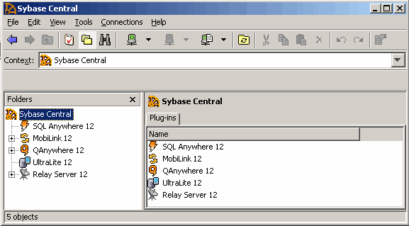 A screen capture of Sybase Central.