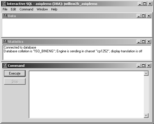 Shown is the dbisqlc window on Windows. It has a menu bar at the top with five drop-down menus: File, Edit, Command, Window and Help. The window has three sections, each of which has minimize, maximize, and close buttons in the upper right corner. From top to bottom the sections are Data, Statistics and Command. The Command section has an Execute button and a Stop button to the left of the text box.